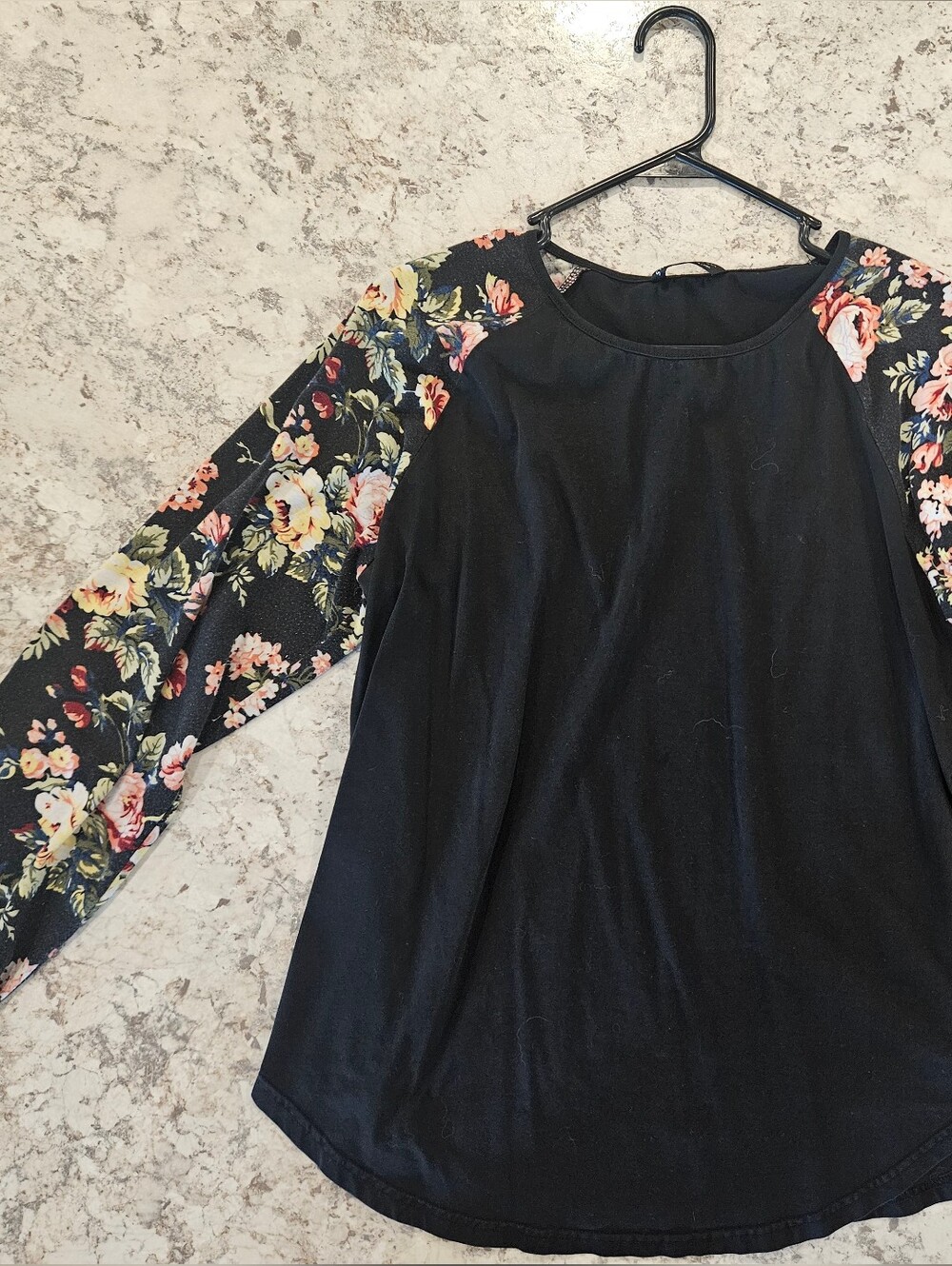 SHEIN Black Top with Multicolor Floral Raglan Sleeves